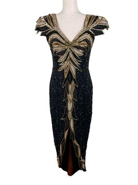 Vintage 80s Silk Beaded Evening Gown Dress Black Gold Size Large Gatsby Art Deco